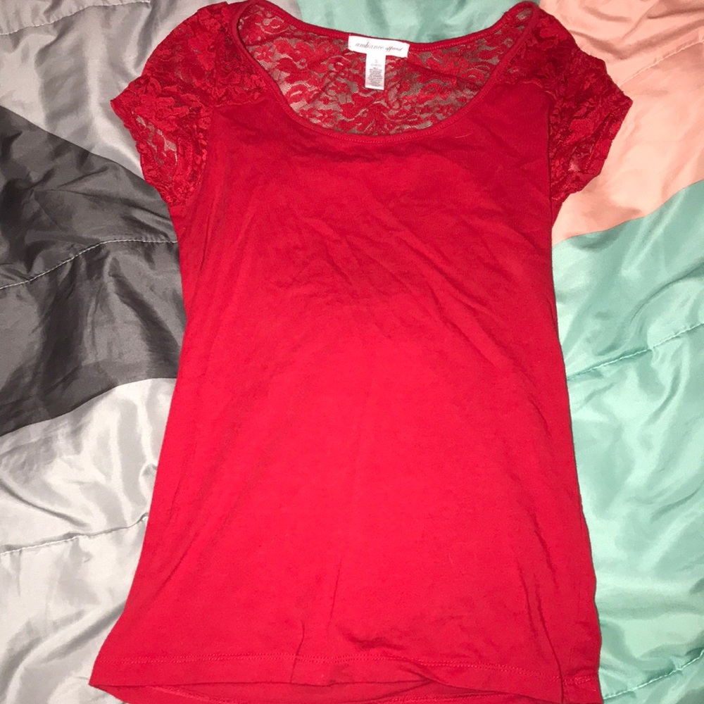 Red lacey shirt.